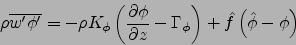 \begin{displaymath}
\rho\overline{w'\phi'}=-\rho K_\phi\left(\frac{\partial\phi}...
...ial z}-\Gamma_\phi\right)
+\hat{f}\left(\hat{\phi}-\phi\right)
\end{displaymath}