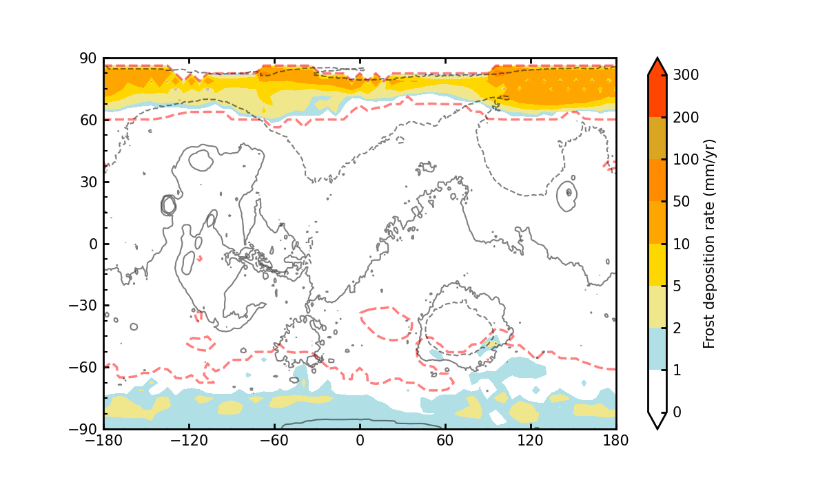 Deposition of frost outside the polar regions in a high obliquity simulation